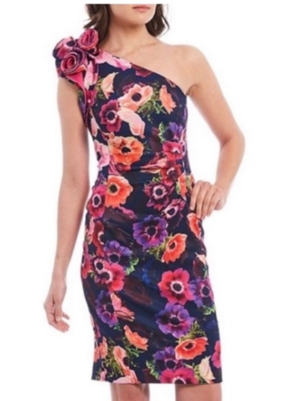 Alex Marie Floral One Shoulder Rosette Sheath Dress Navy Pink Size 12 Gardencore